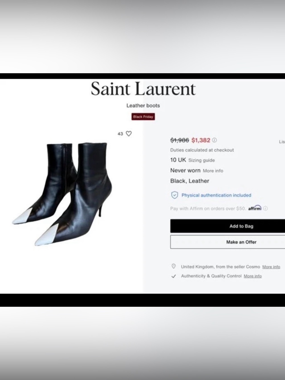 Saint Laurent Black Leather Pointed Ankle Boots